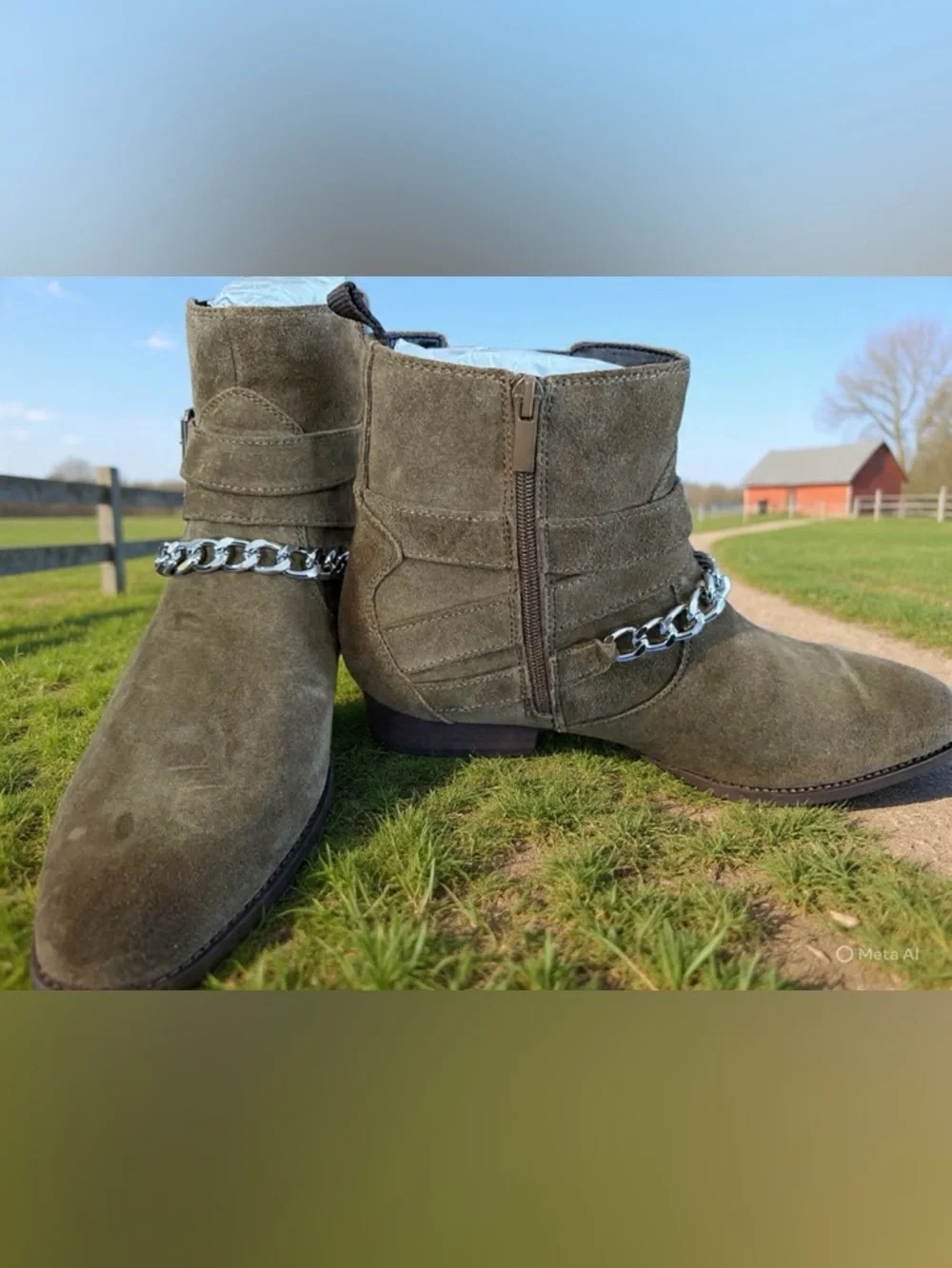 Tan Suede Ankle Boots with Silver Chain Detail